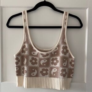 American Eagle Outfitters Floral Knit Crop Top - Cream and Brown